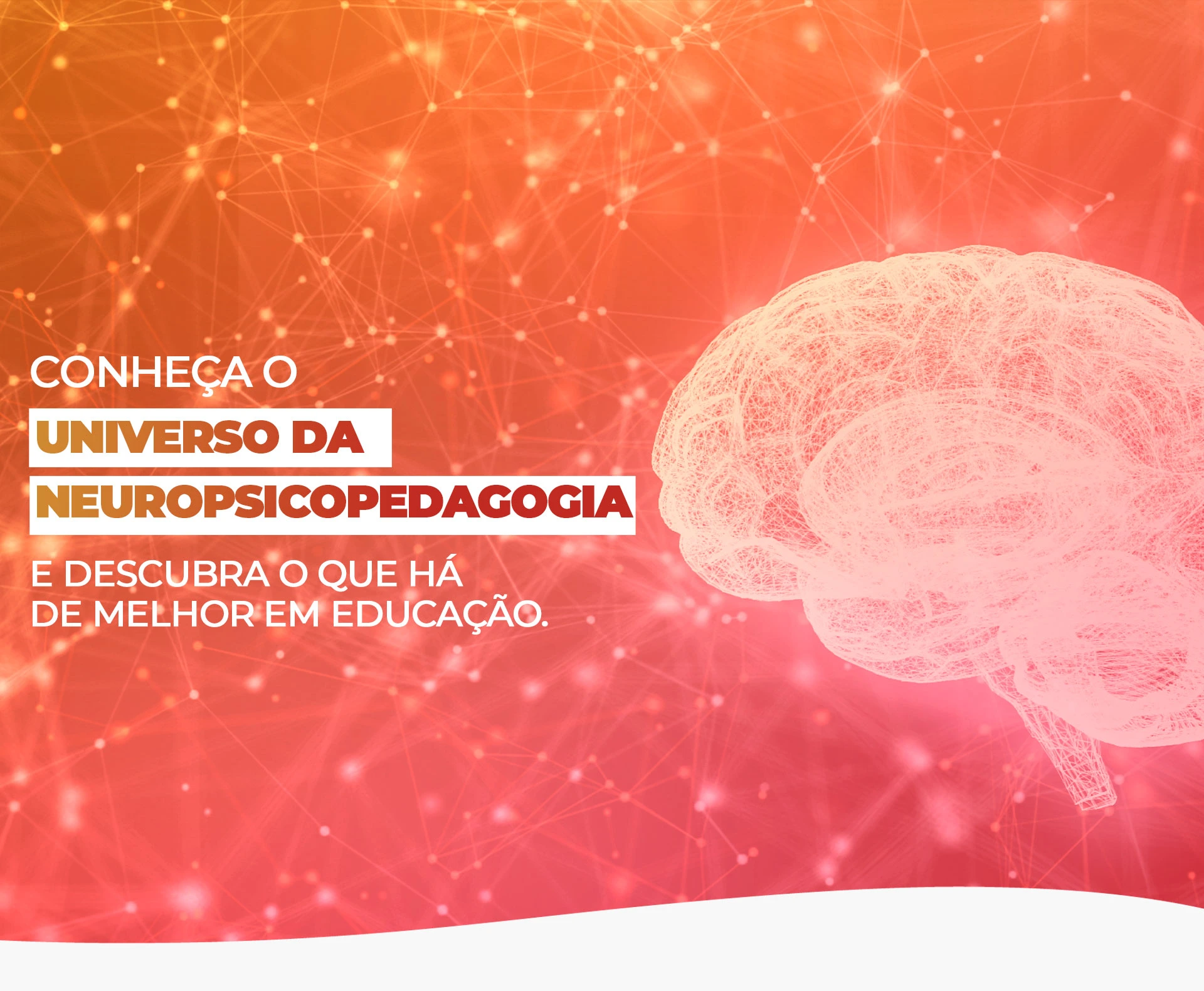 Fundo degrade do laranja para o vermelho, ao lado esquerdo a frase: Conheça o universo da neuropsicopedagogia e descubra o que há de melhor em educação e ao lado direito a imagem de um cérebro.