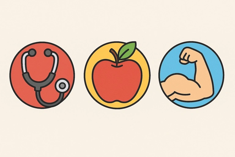 Três imagens representando saúde: estetoscópio, maçã vermelha e braço forte de uma pessoa.