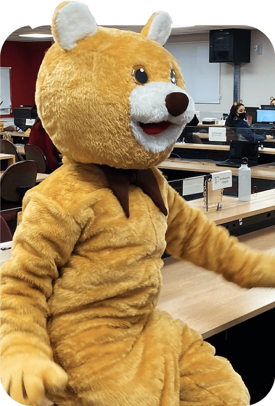 Imagem de uma fantasia de urso sentado em uma bancada em uma sala com várias pessoas trabalhando.